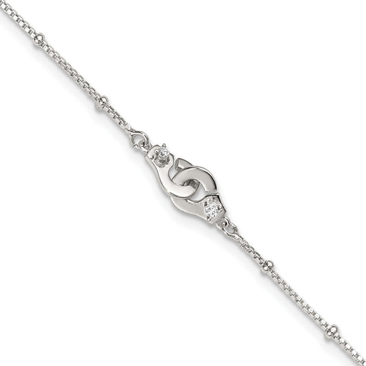Sterling Silver Beaded CZ Interlocked Circles 9 inch Plus 1 inch Extender - Total 10 inch Anklet