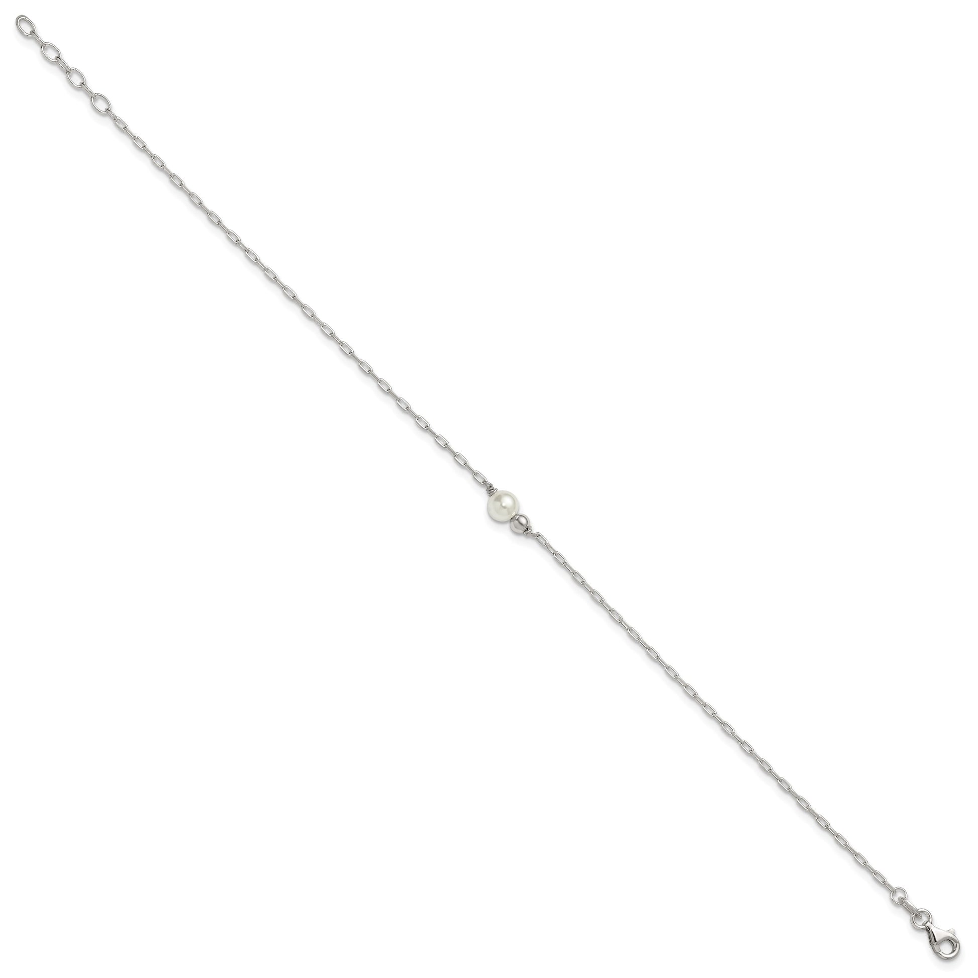 Sterling Silver Bead and Glass Pearl 9 inch Plus 1 inch Extender - Total 10 inch Anklet