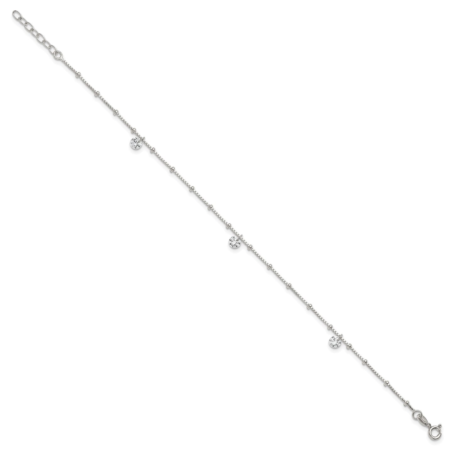 Sterling Silver Beaded CZ 9 inch Plus 1 inch Extender - Total 10 inch Anklet