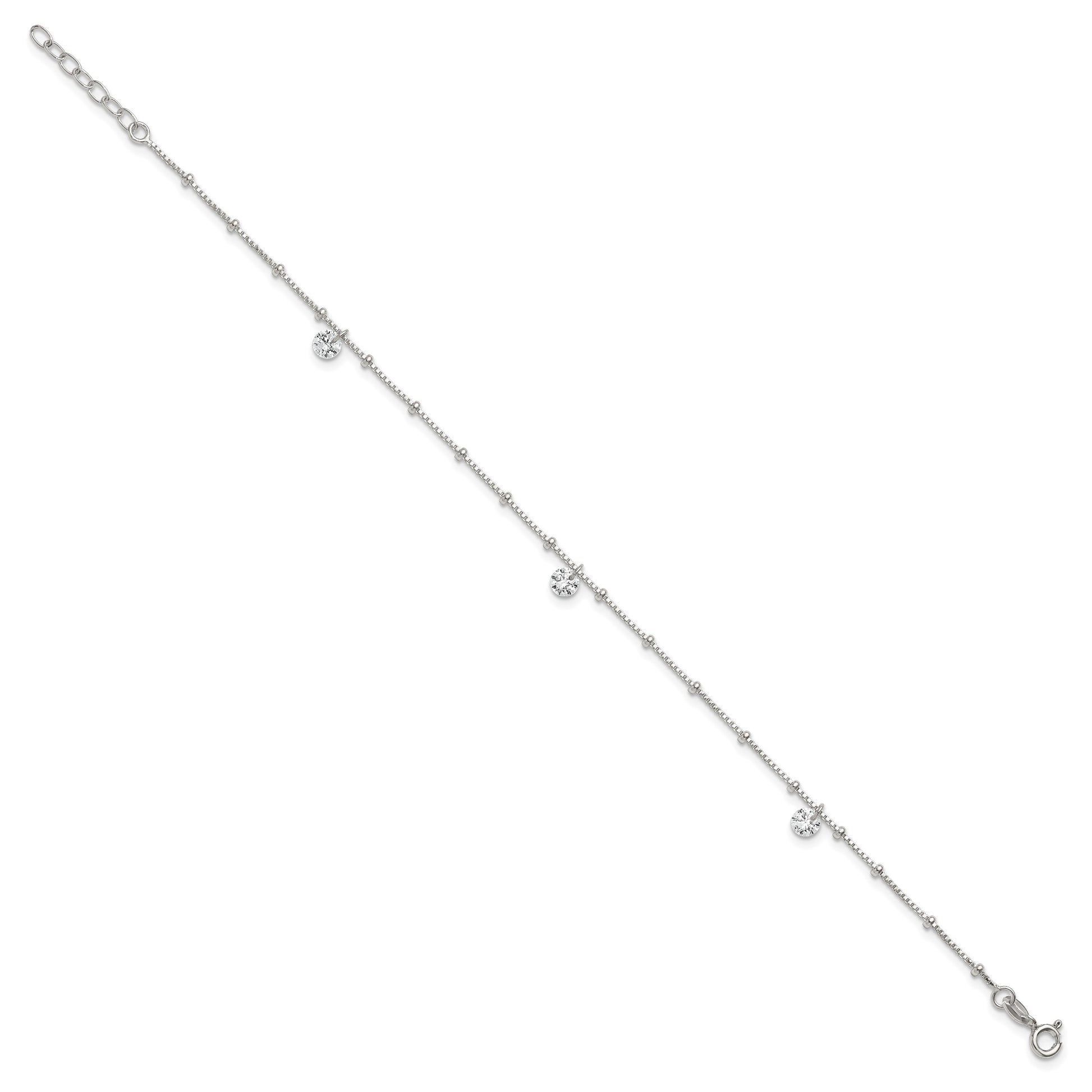 Sterling Silver Beaded CZ 9 inch Plus 1 inch Extender - Total 10 inch Anklet
