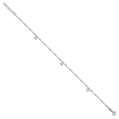 Sterling Silver Beaded CZ 9 inch Plus 1 inch Extender - Total 10 inch Anklet
