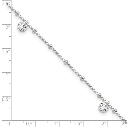 Sterling Silver Beaded CZ 9 inch Plus 1 inch Extender - Total 10 inch Anklet