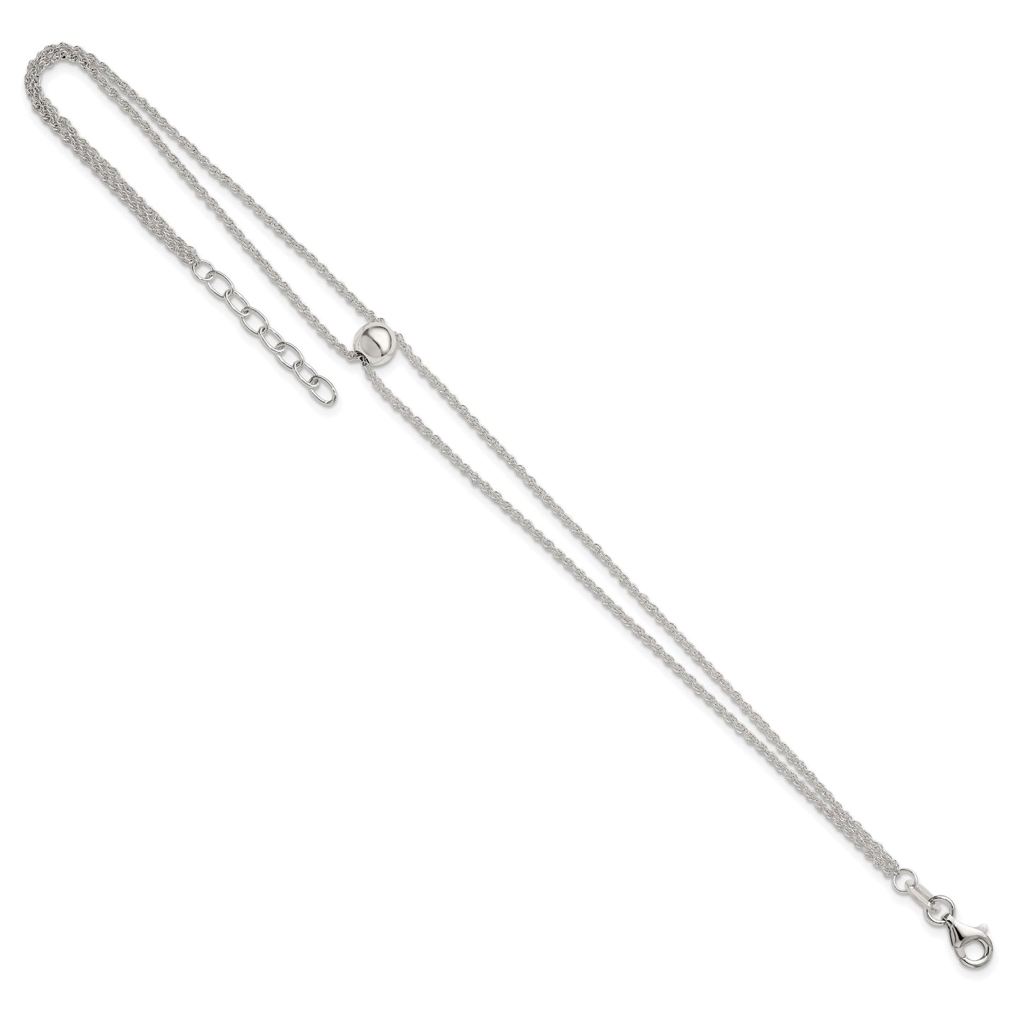 Sterling Silver 2-Strand Bead 9 inch Plus 1 inch Extender - Total 10 inch Anklet
