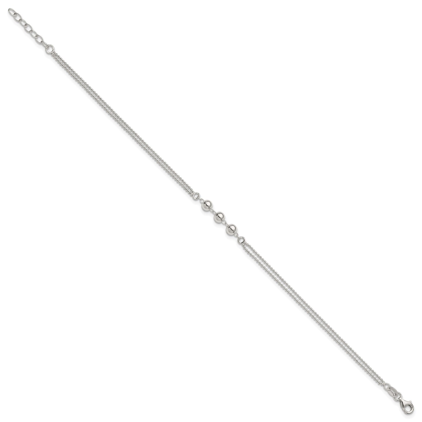 Sterling Silver Beaded 2-Strand 9 inch Plus 1 inch Extender - Total 10 inch Anklet