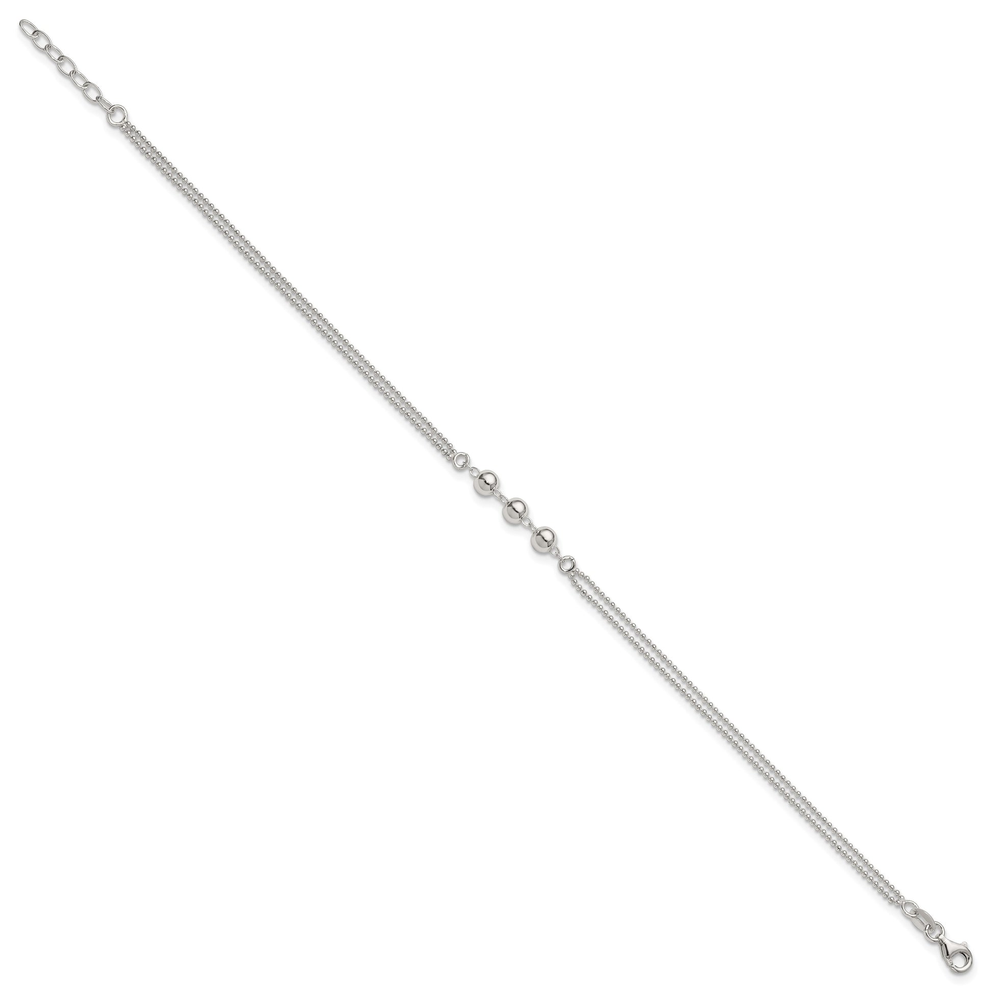 Sterling Silver Beaded 2-Strand 9 inch Plus 1 inch Extender - Total 10 inch Anklet