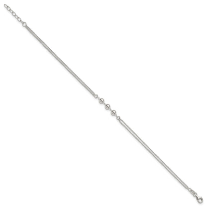 Sterling Silver Beaded 2-Strand 9 inch Plus 1 inch Extender - Total 10 inch Anklet