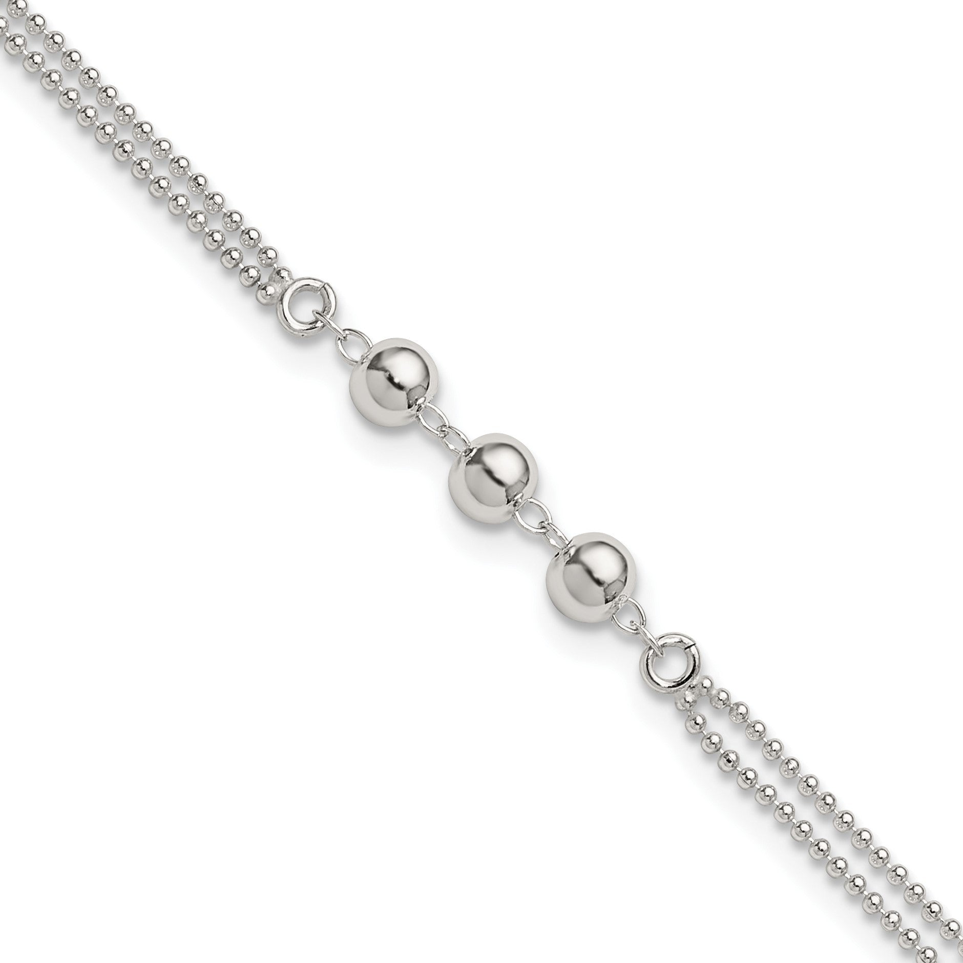 Sterling Silver Beaded 2-Strand 9 inch Plus 1 inch Extender - Total 10 inch Anklet