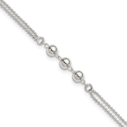 Sterling Silver Beaded 2-Strand 9 inch Plus 1 inch Extender - Total 10 inch Anklet
