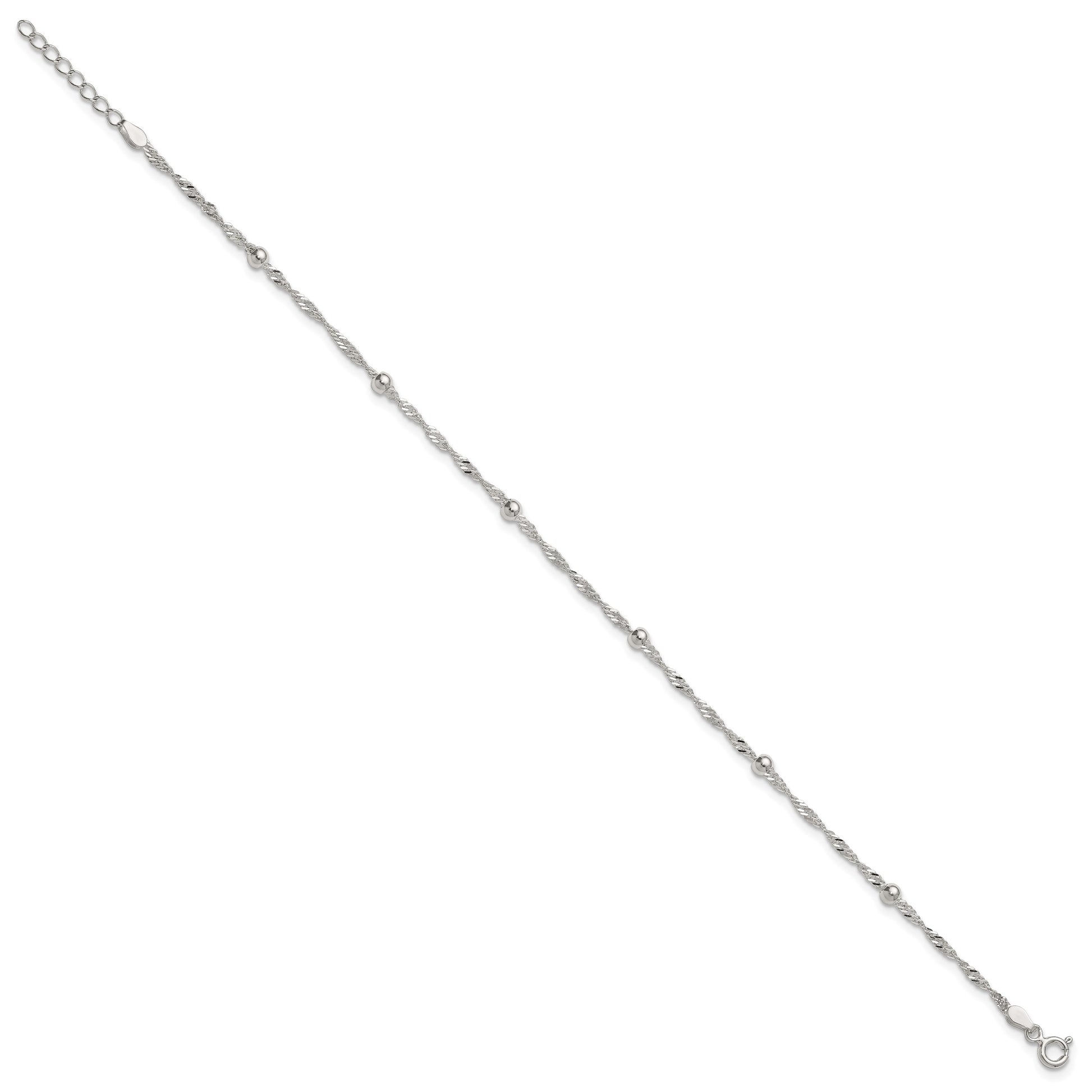Sterling Silver Beaded 6-Station 9 inch Plus 1 inch Extender - Total 10 inch Anklet
