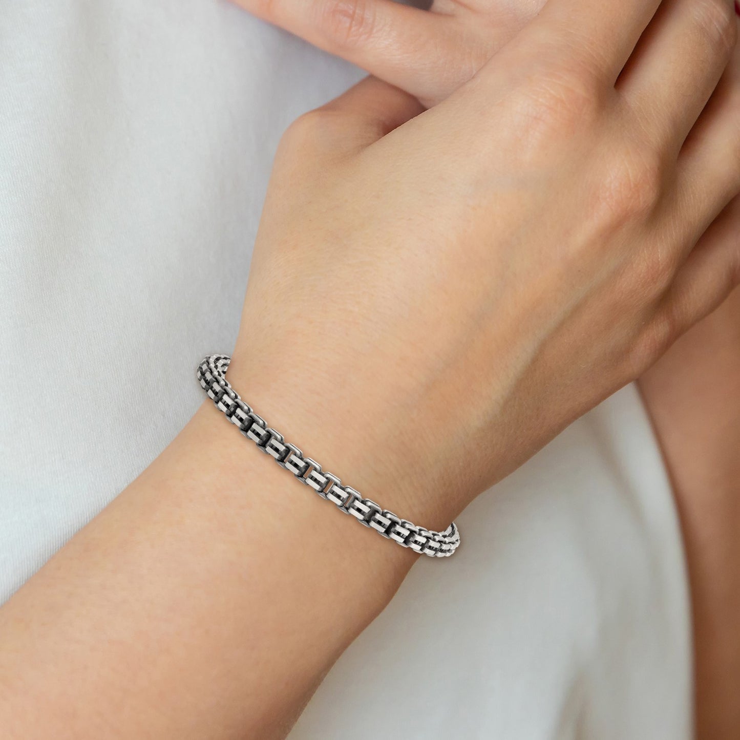 Sterling Silver Antiqued Brushed 5.00mm Fancy Box Link 7.75 inch Bracelet