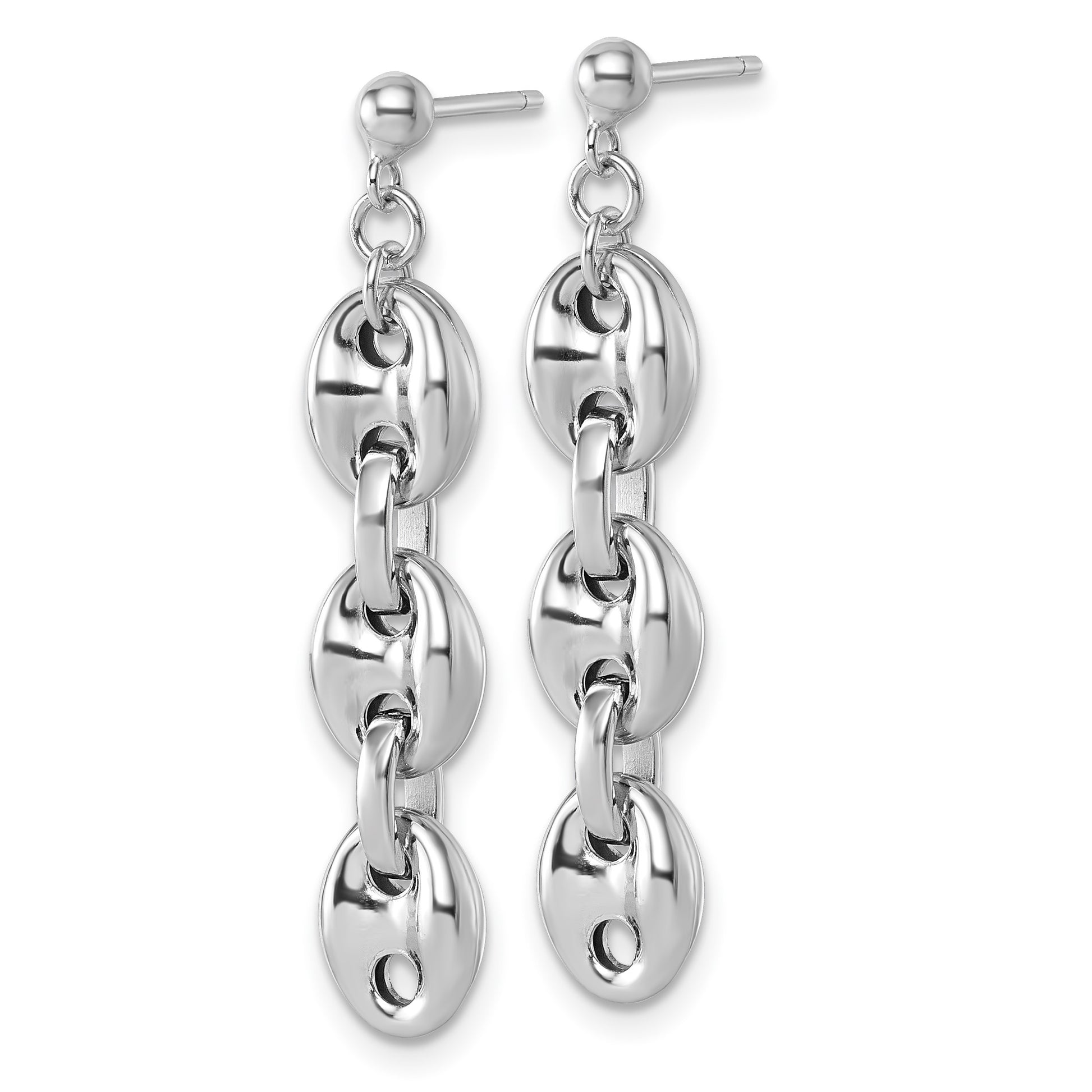 Sterling Silver Rhodium-plated Polished Puffed Mariner Chain Dangle Post Earrings