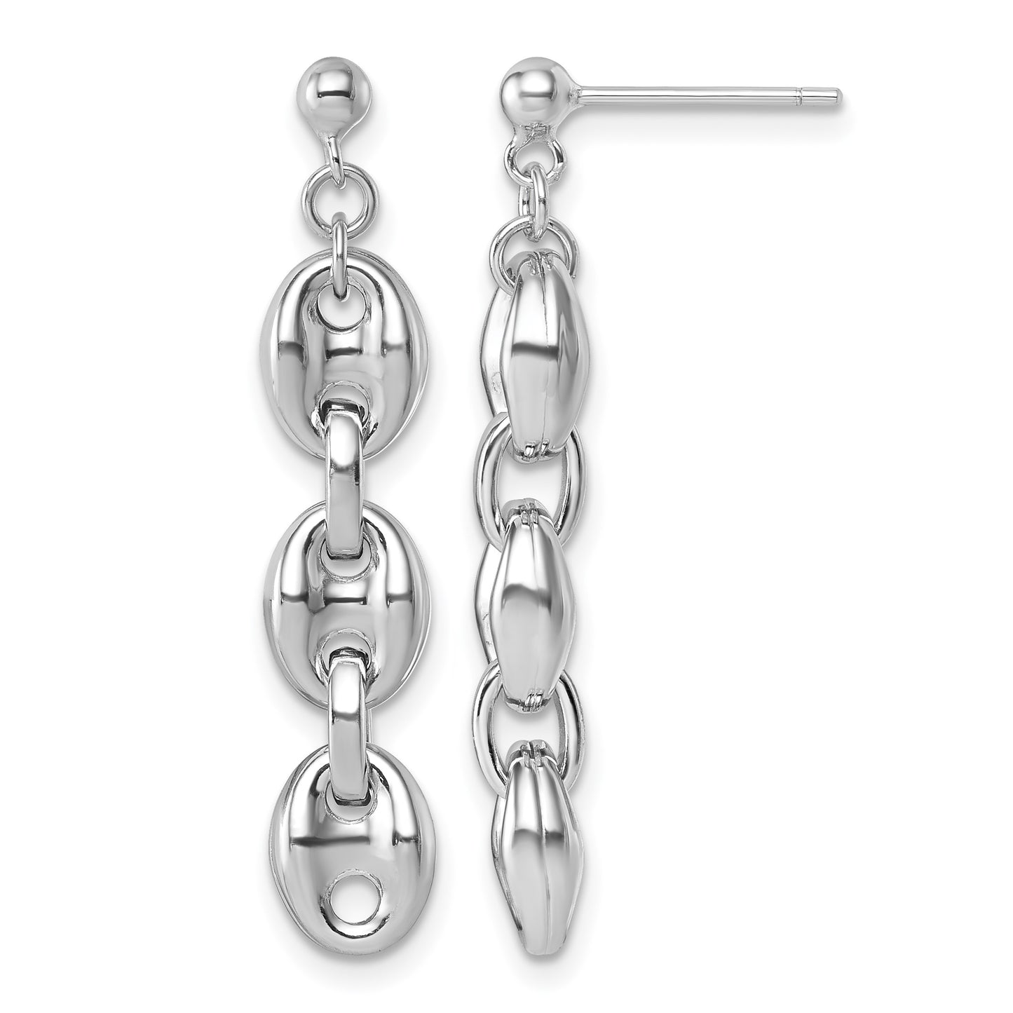 Sterling Silver Rhodium-plated Polished Puffed Mariner Chain Dangle Post Earrings