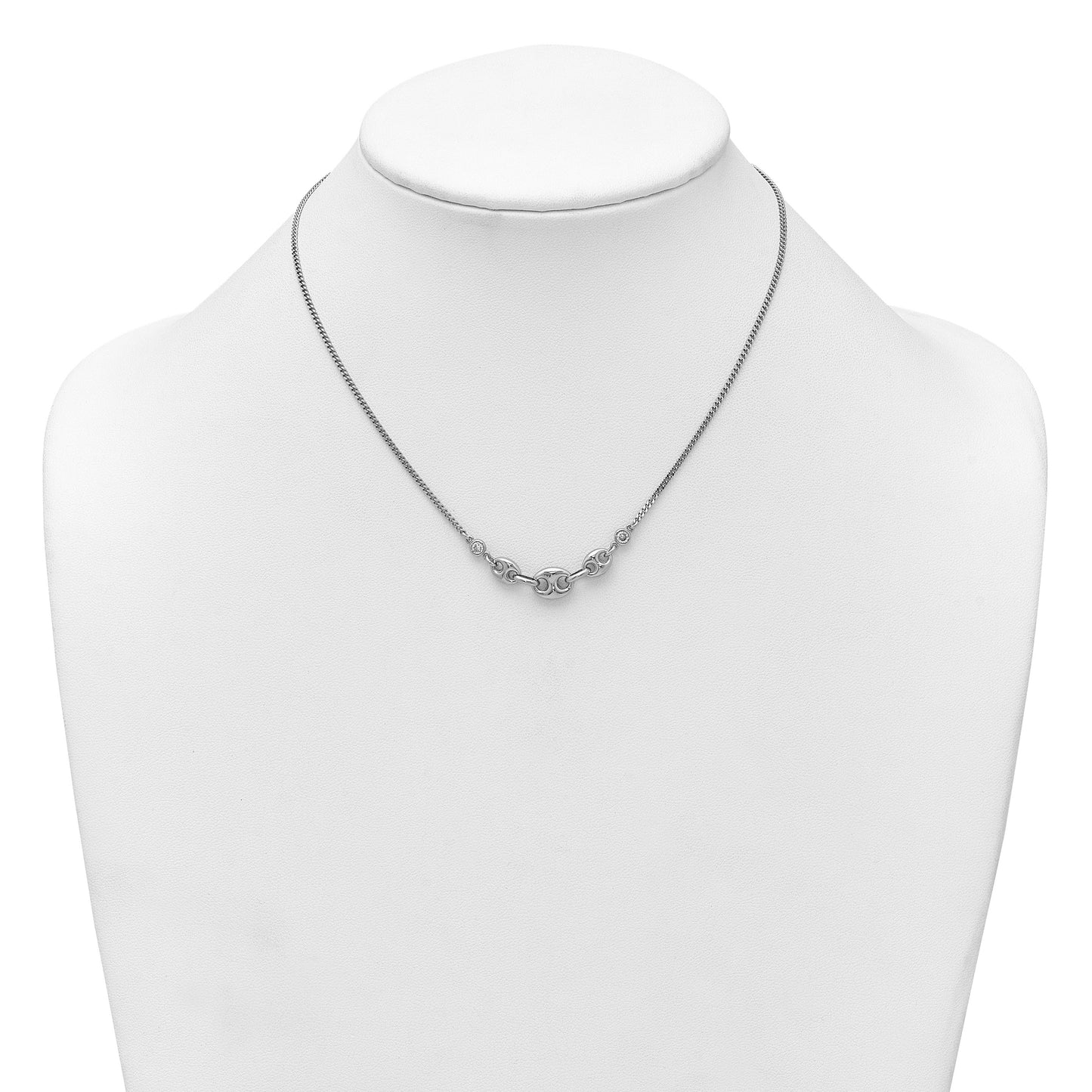 Sterling Silver Rhodium-plated Puffed Mariner Center with Side CZs 16 inch with 2 inch Extender Necklace