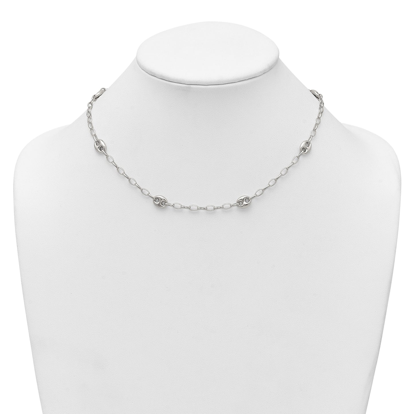 Sterling Silver Puffed Anchor/Mariner Link and Chain 7-Station 17 inch with 1.5 inch Extension Necklace