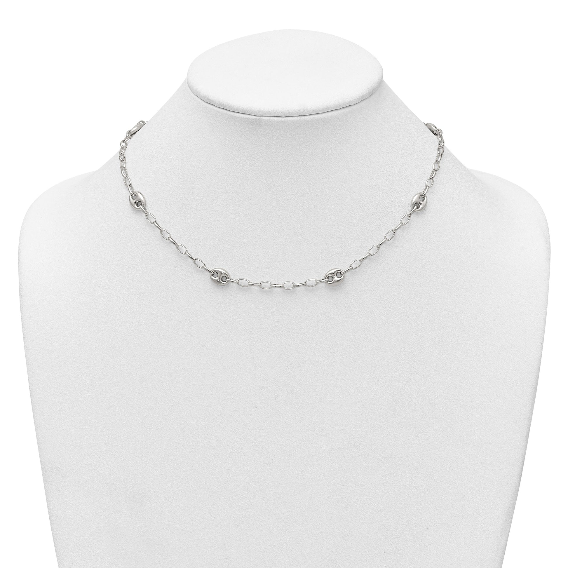Sterling Silver Puffed Anchor/Mariner Link and Chain 7-Station 17 inch with 1.5 inch Extension Necklace