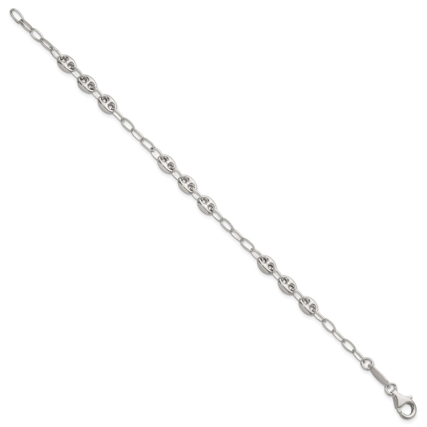 Sterling Silver Puffed Anchor/Mariner Link and Chain 8 inch Bracelet