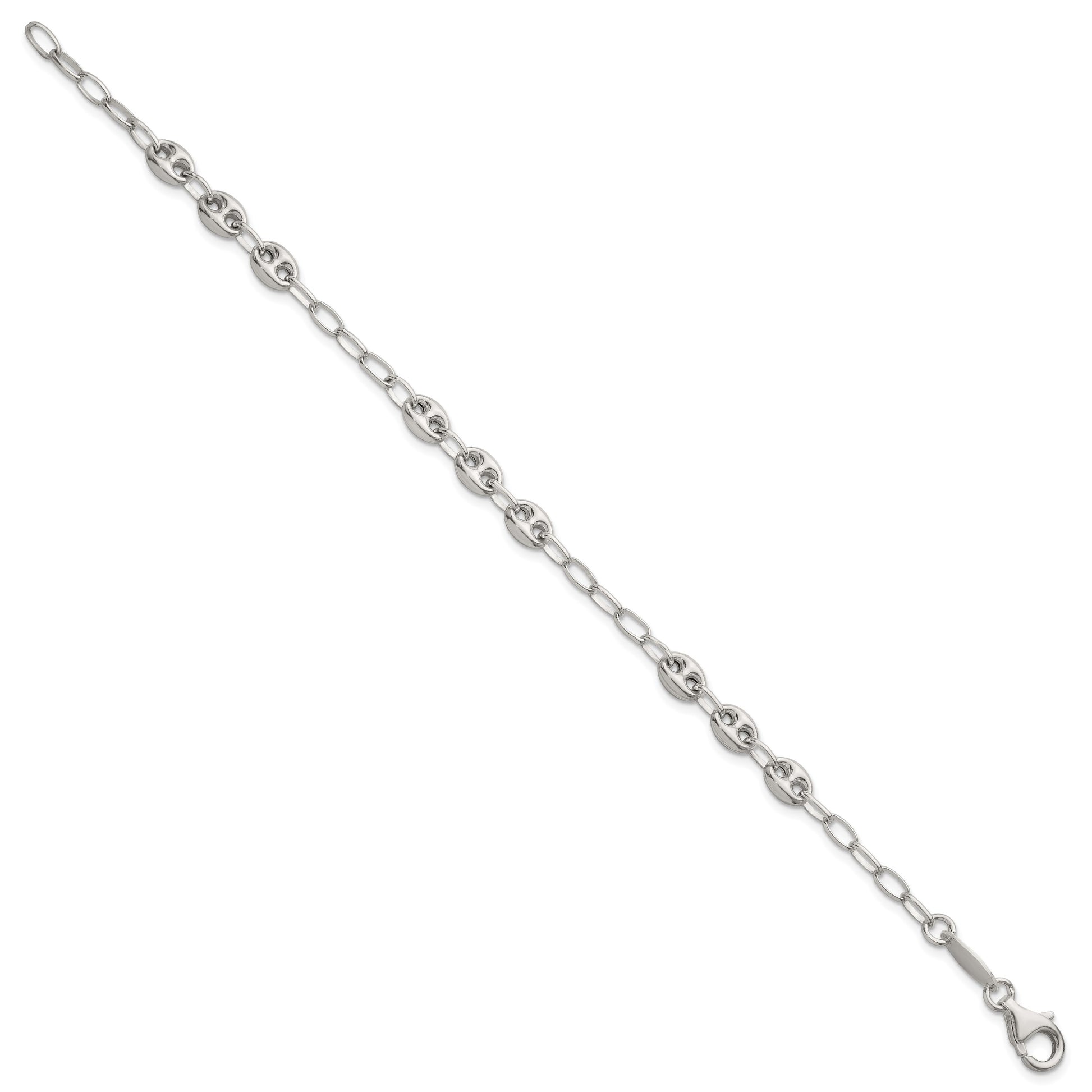 Sterling Silver Puffed Anchor/Mariner Link and Chain 8 inch Bracelet