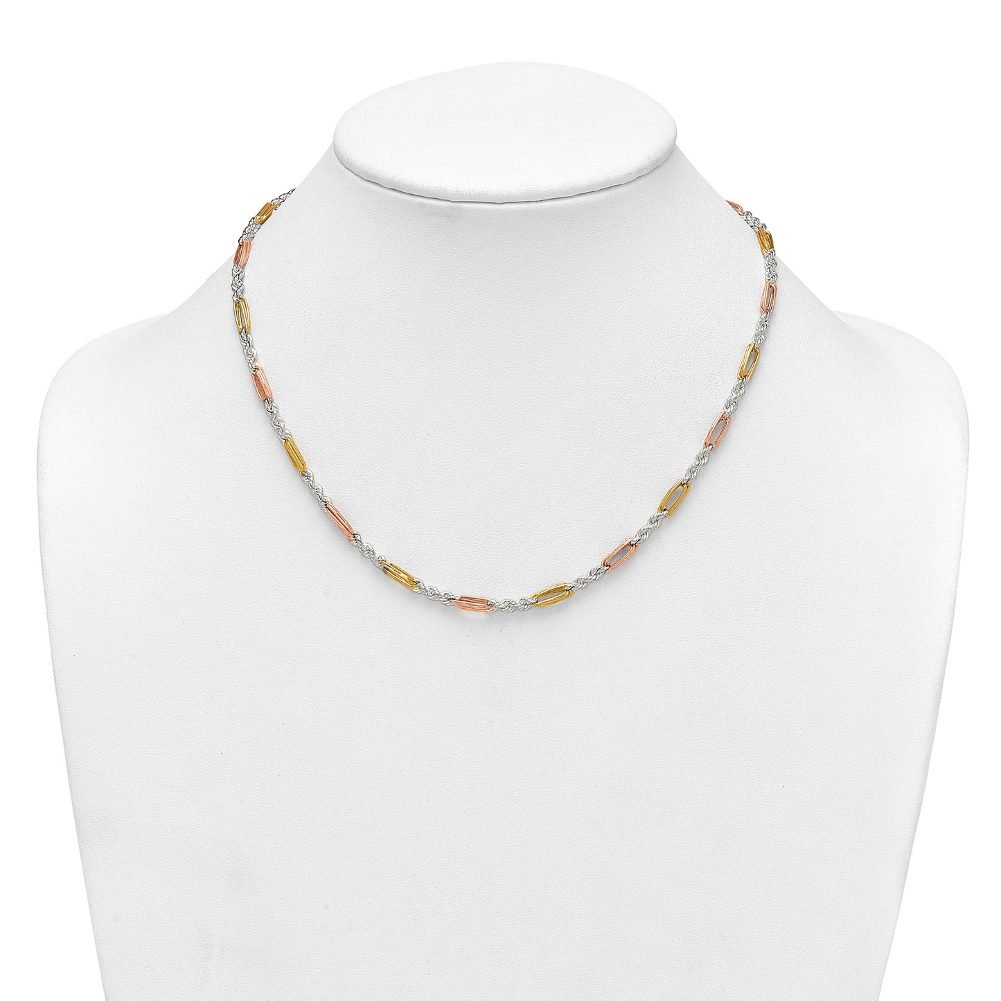 Sterling Silver Rose-tone and Gold-tone Polished 4.0mm Figaro Rope 18 Inch Necklace