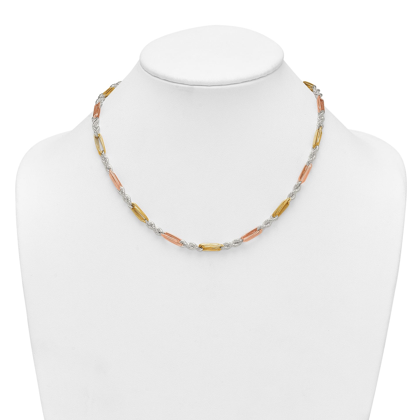 Sterling Silver Rose-tone and Gold-tone Polished 4.5mm Figaro Rope 18 Inch Necklace