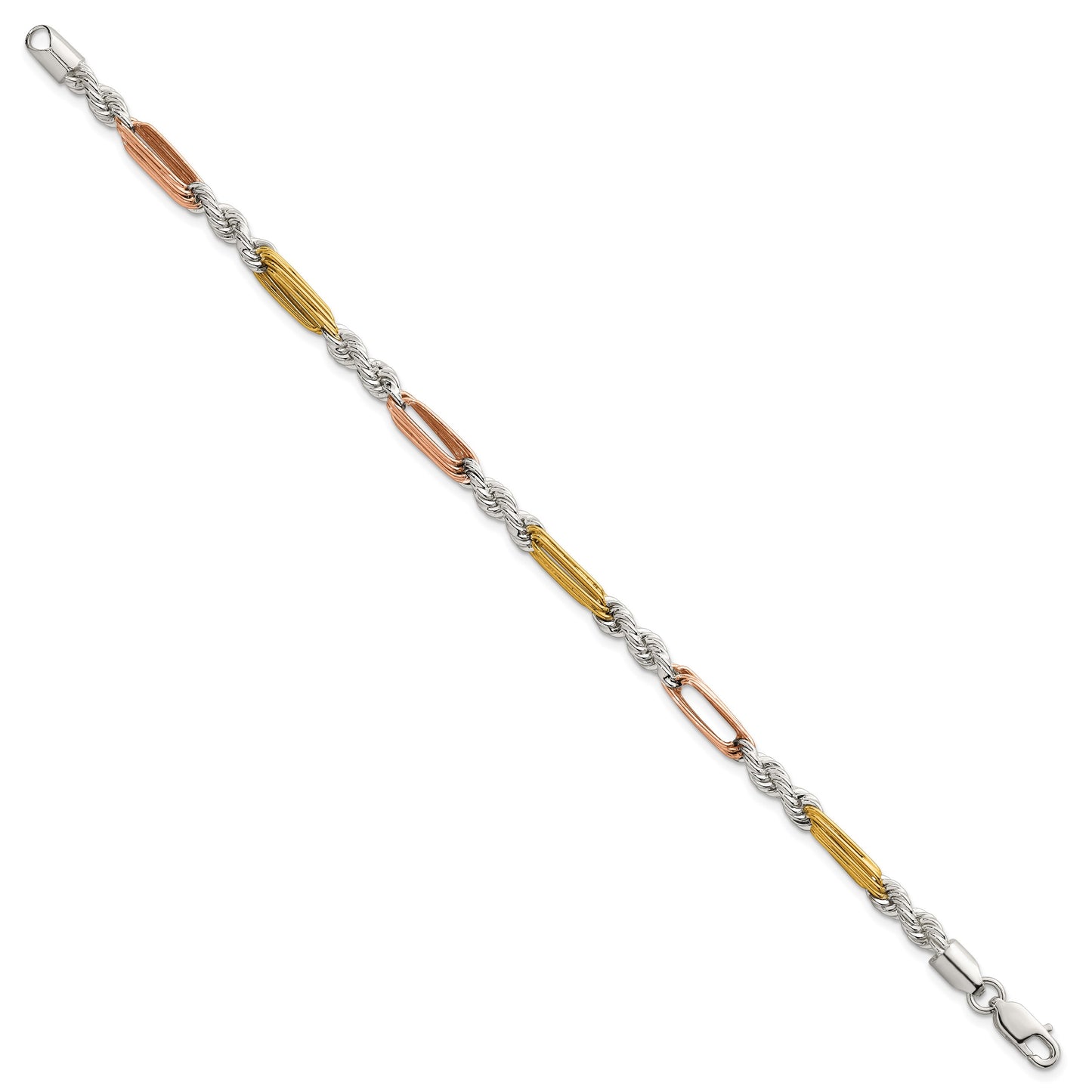 Sterling Silver Rose-tone and Gold-tone Polished 4.5mm Figaro Rope 7.5 Inch Bracelet