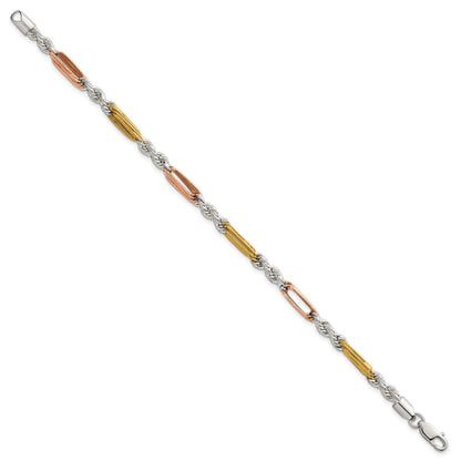 Sterling Silver Rose-tone and Gold-tone Polished 4.5mm Figaro Rope 7.5 Inch Bracelet