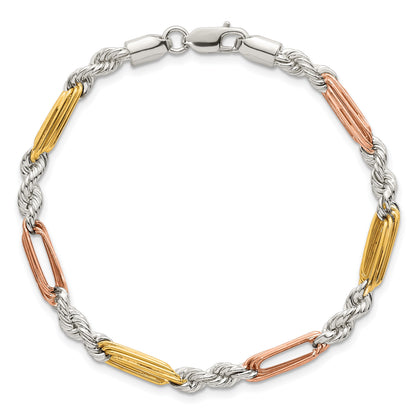 Sterling Silver Rose-tone and Gold-tone Polished 4.5mm Figaro Rope 7.5 Inch Bracelet