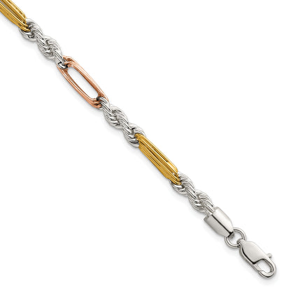 Sterling Silver Rose-tone and Gold-tone Polished 4.5mm Figaro Rope 7.5 Inch Bracelet