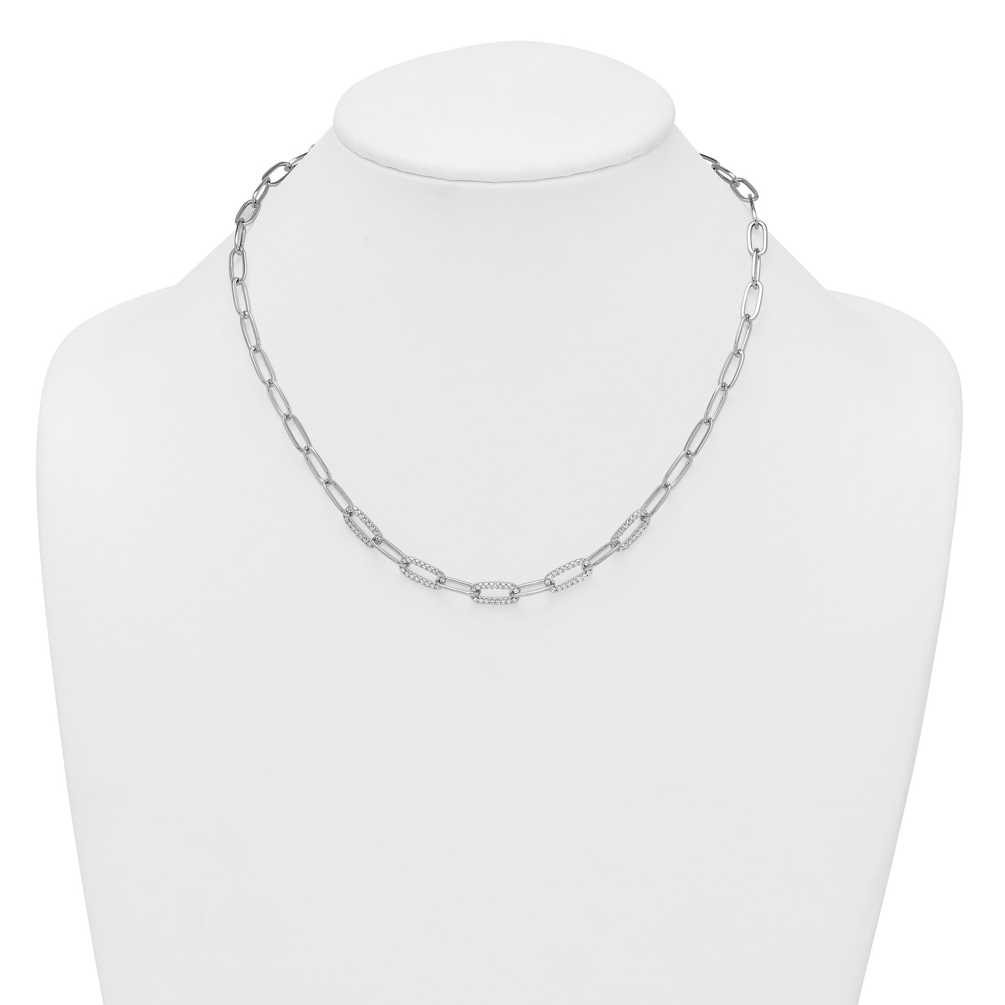 Sterling Silver Rhodium-plated Polished Fancy CZ Paperclip Chain 18 Inch Necklace