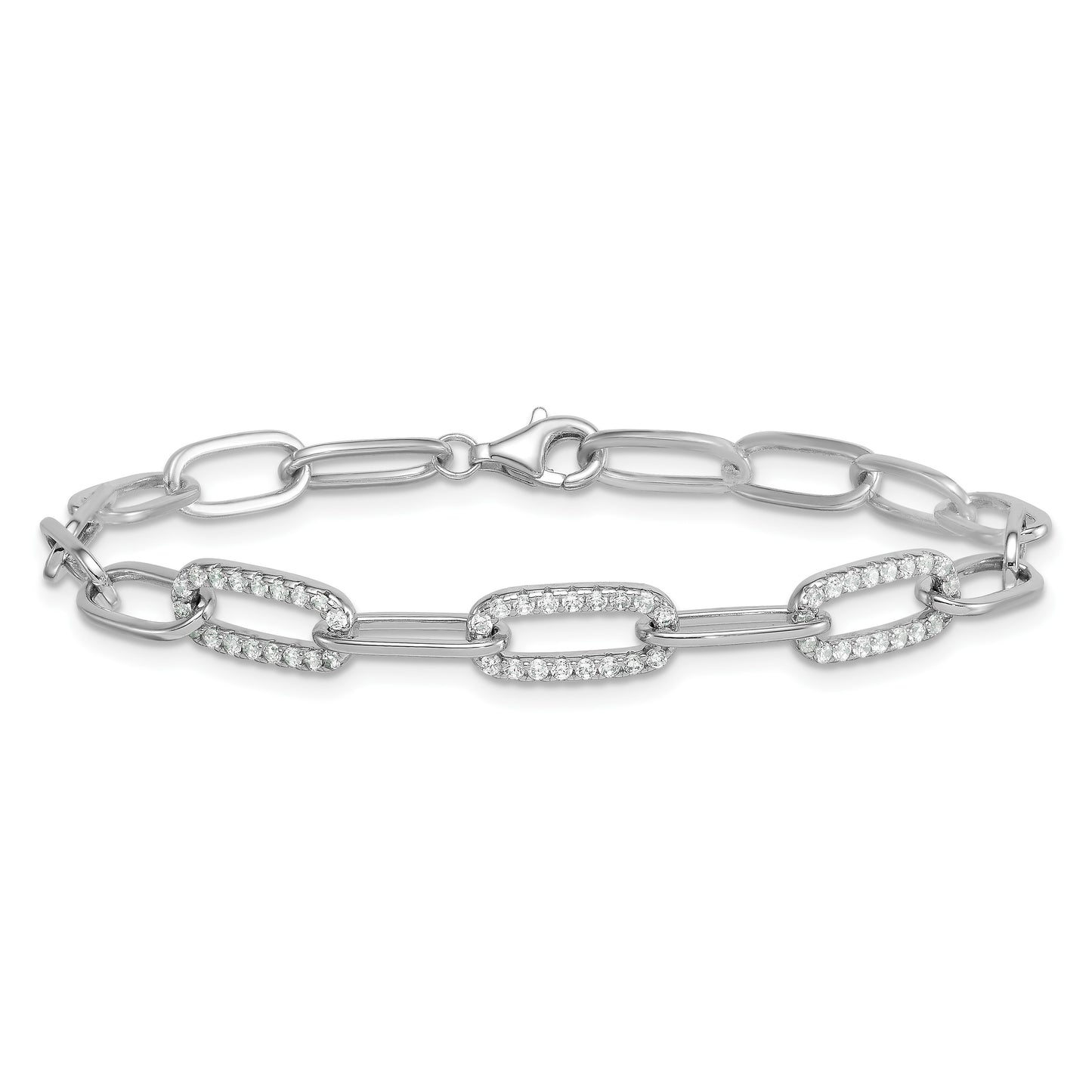 Sterling Silver Rhodium-plated Polished Fancy CZ Paperclip Chain 7 Inch Bracelet