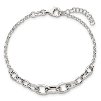 Sterling Silver Polished Fancy Graduated Cable Link 7 Inch with 1 Inch Extension Bracelet