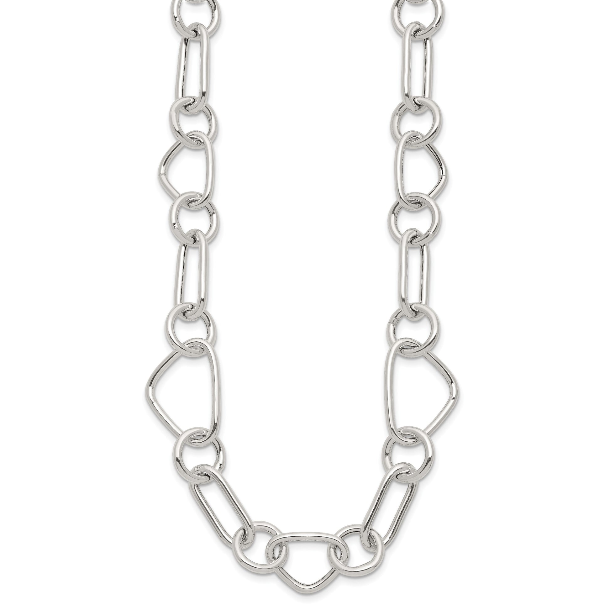 Sterling Silver Polished Triangle Round and Oval Link 17.5 inch Necklace