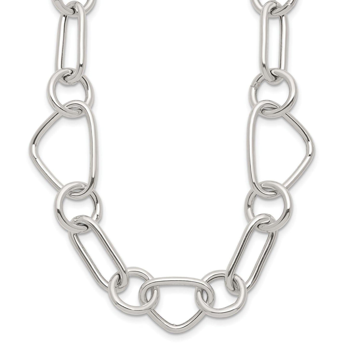 Sterling Silver Polished Triangle Round and Oval Link 17.5 inch Necklace