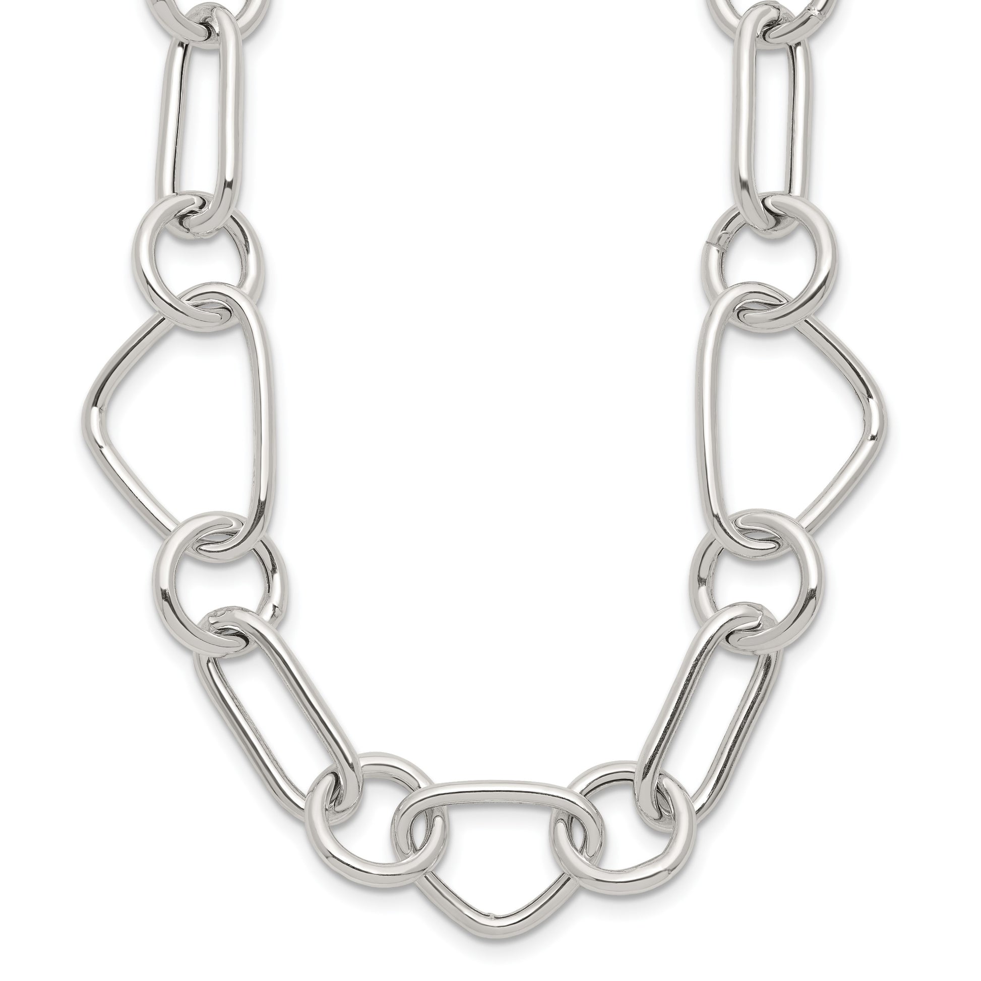 Sterling Silver Polished Triangle Round and Oval Link 17.5 inch Necklace