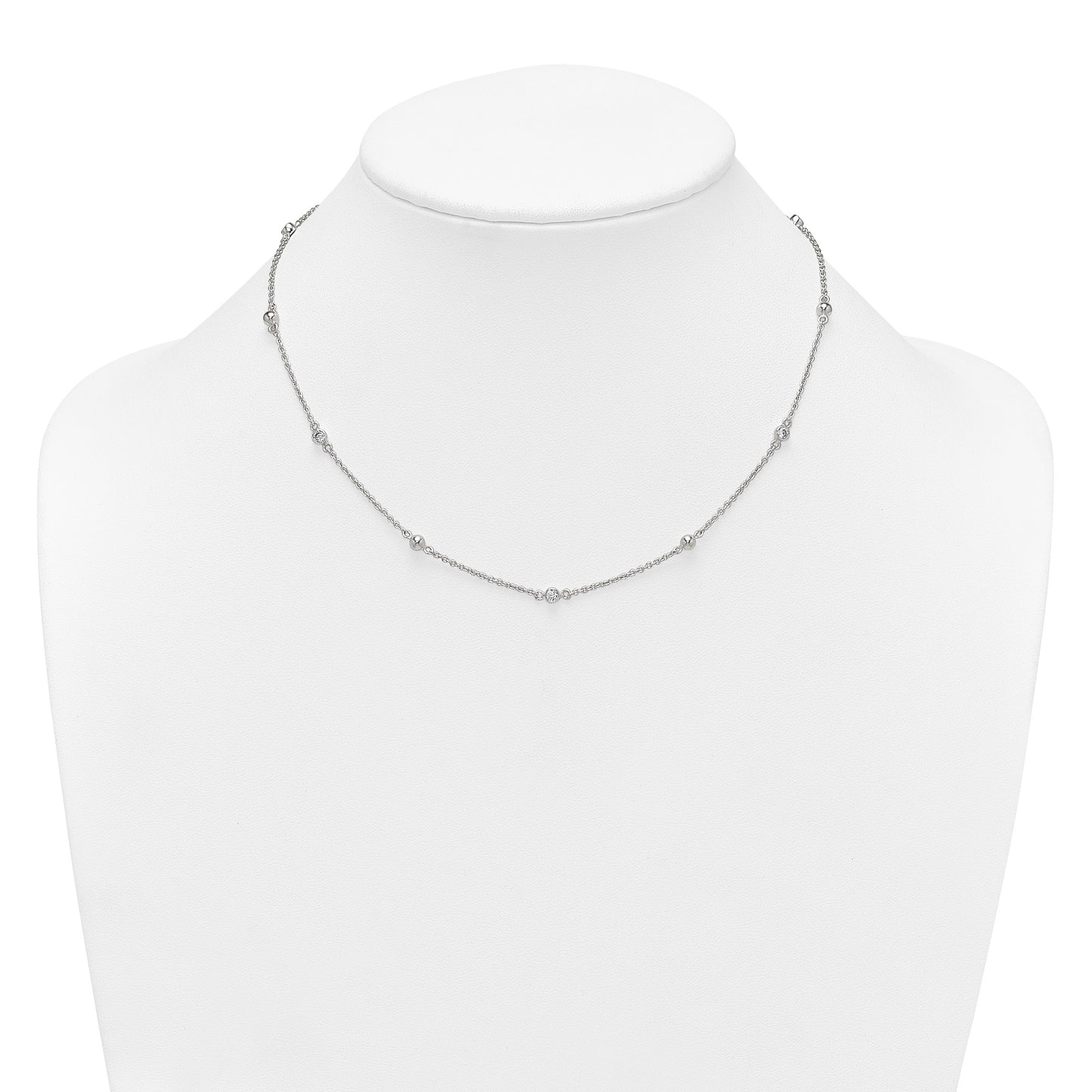 Sterling Silver Polished and Beaded CZ 16.75 inch with 0.5 inch Extension Necklace