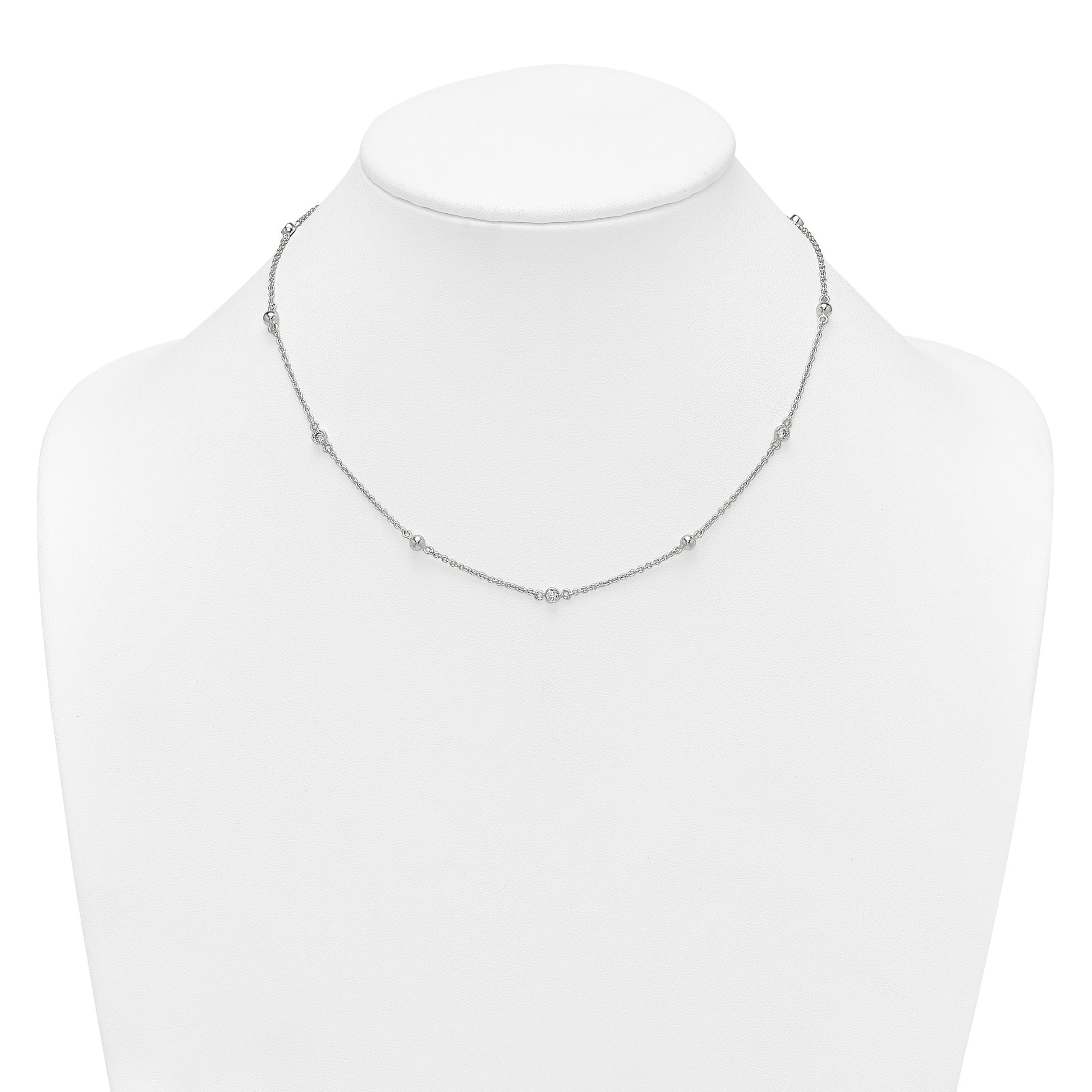 Sterling Silver Polished and Beaded CZ 16.75 inch with 0.5 inch Extension Necklace