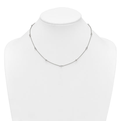 Sterling Silver Polished and Beaded CZ 16.75 inch with 0.5 inch Extension Necklace