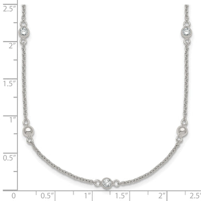 Sterling Silver Polished and Beaded CZ 16.75 inch with 0.5 inch Extension Necklace