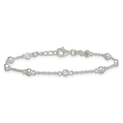 Sterling Silver Polished and Beaded CZ 6.75 inch with 0.5 inch Extension Bracelet