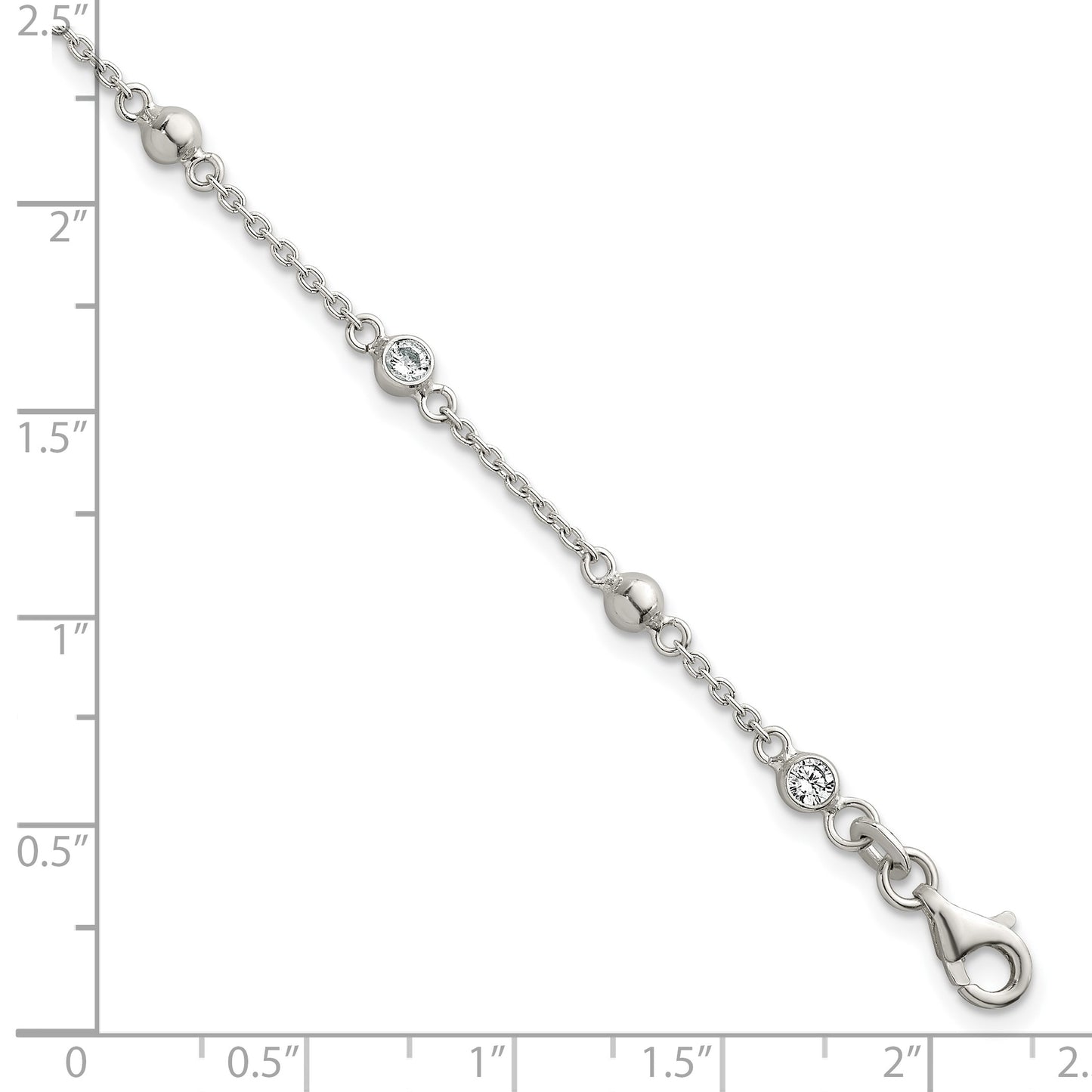 Sterling Silver Polished and Beaded CZ 6.75 inch with 0.5 inch Extension Bracelet