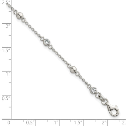 Sterling Silver Polished and Beaded CZ 6.75 inch with 0.5 inch Extension Bracelet