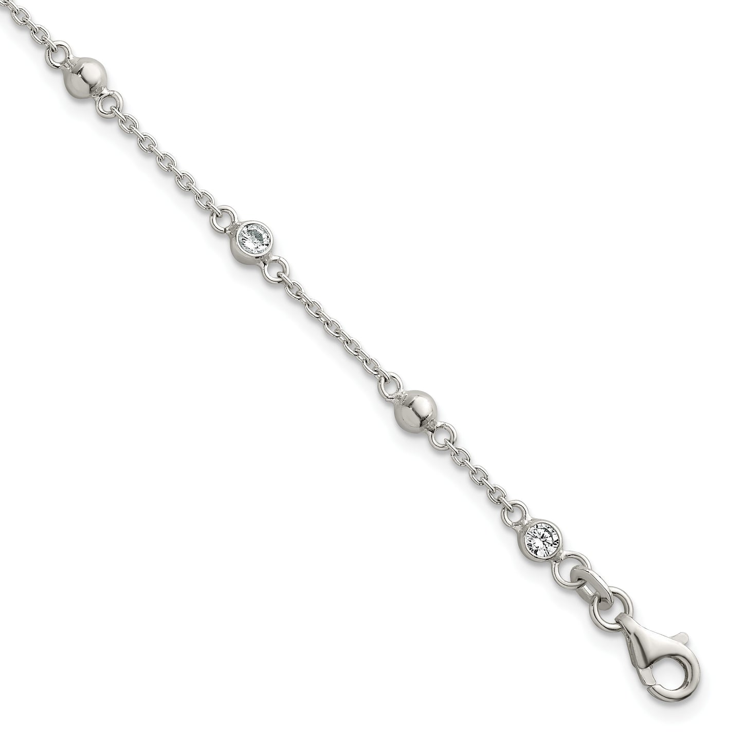 Sterling Silver Polished and Beaded CZ 6.75 inch with 0.5 inch Extension Bracelet