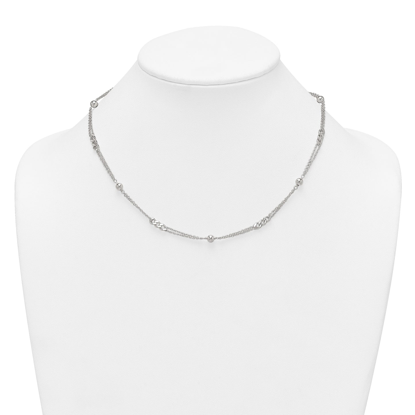 Sterling Silver Polished and Beaded Fancy Double-Strand Link 17.5 inch Necklace