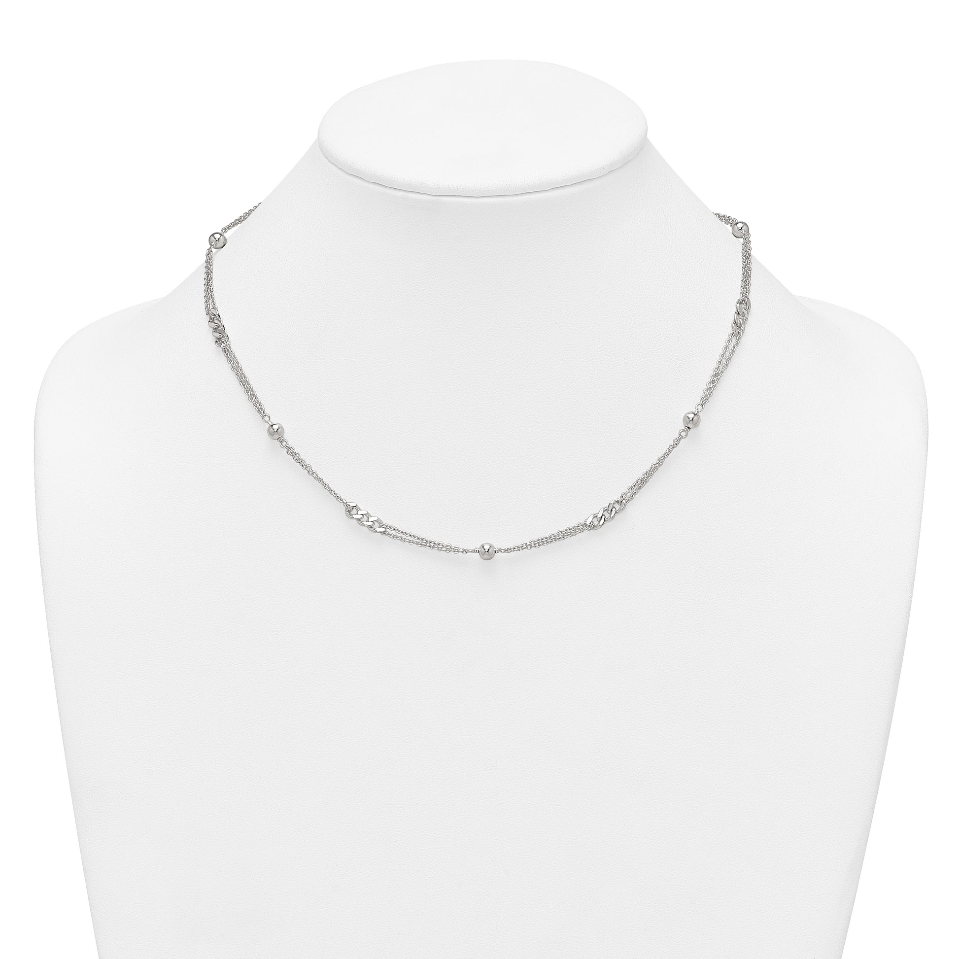 Sterling Silver Polished and Beaded Fancy Double-Strand Link 17.5 inch Necklace