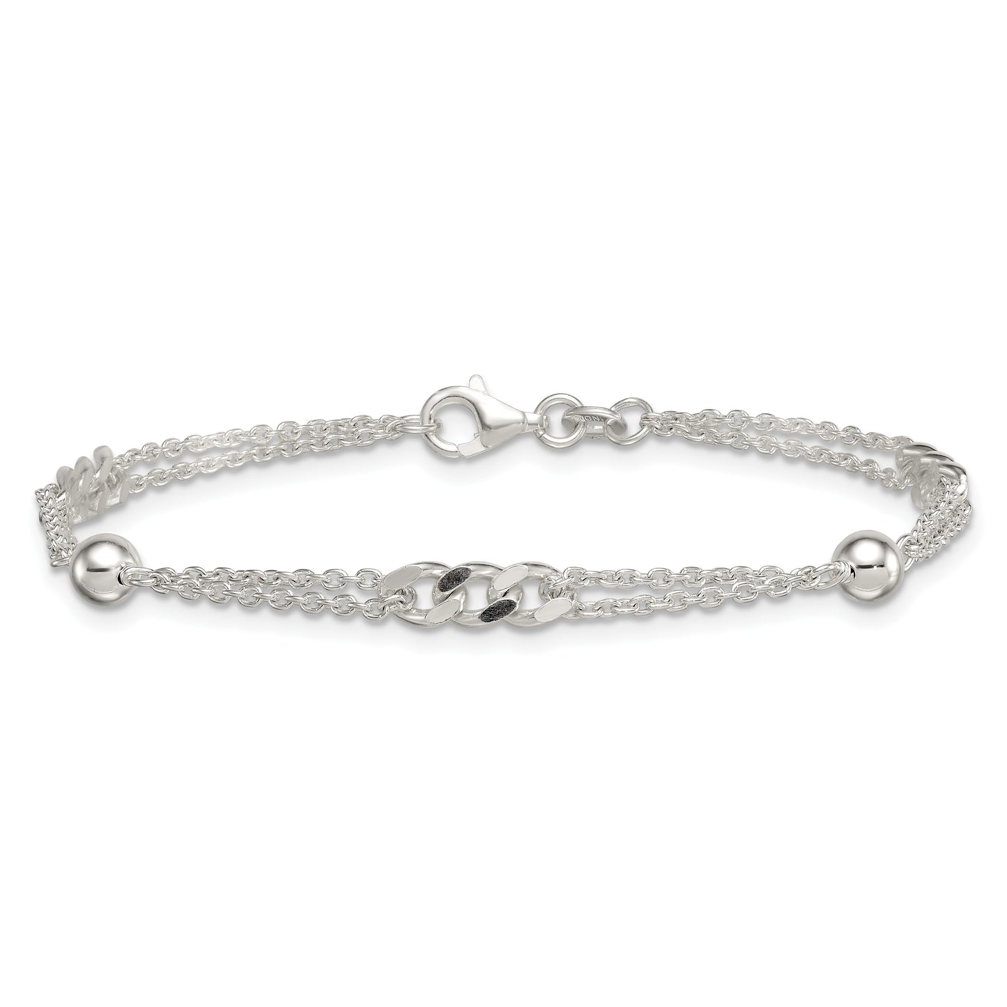 Sterling Silver Polished and Beaded Fancy Double-Strand Link 7.25 inch Bracelet