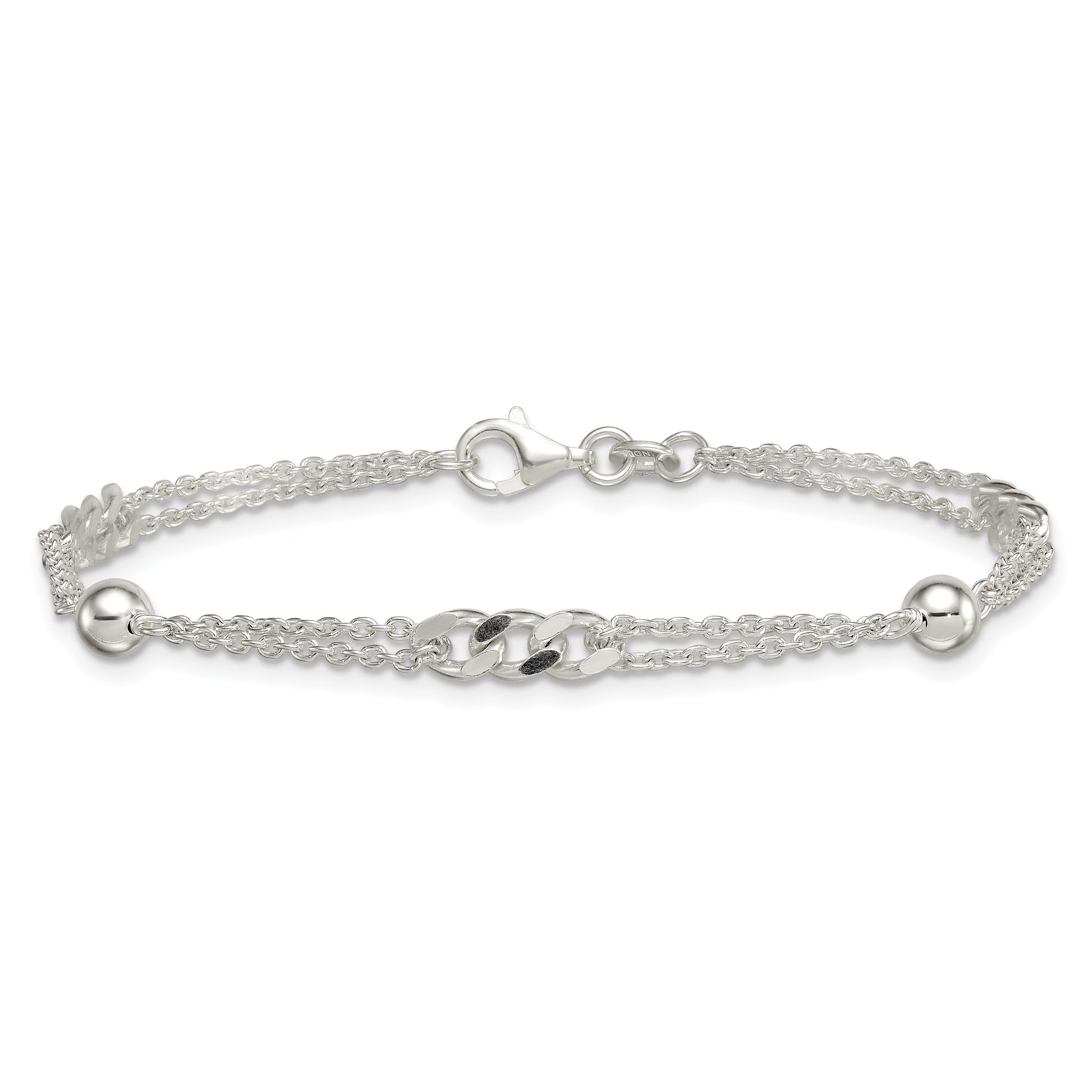 Sterling Silver Polished and Beaded Fancy Double-Strand Link 7.25 inch Bracelet