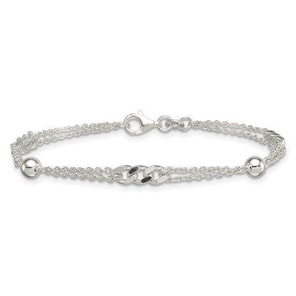 Sterling Silver Polished and Beaded Fancy Double-Strand Link 7.25 inch Bracelet