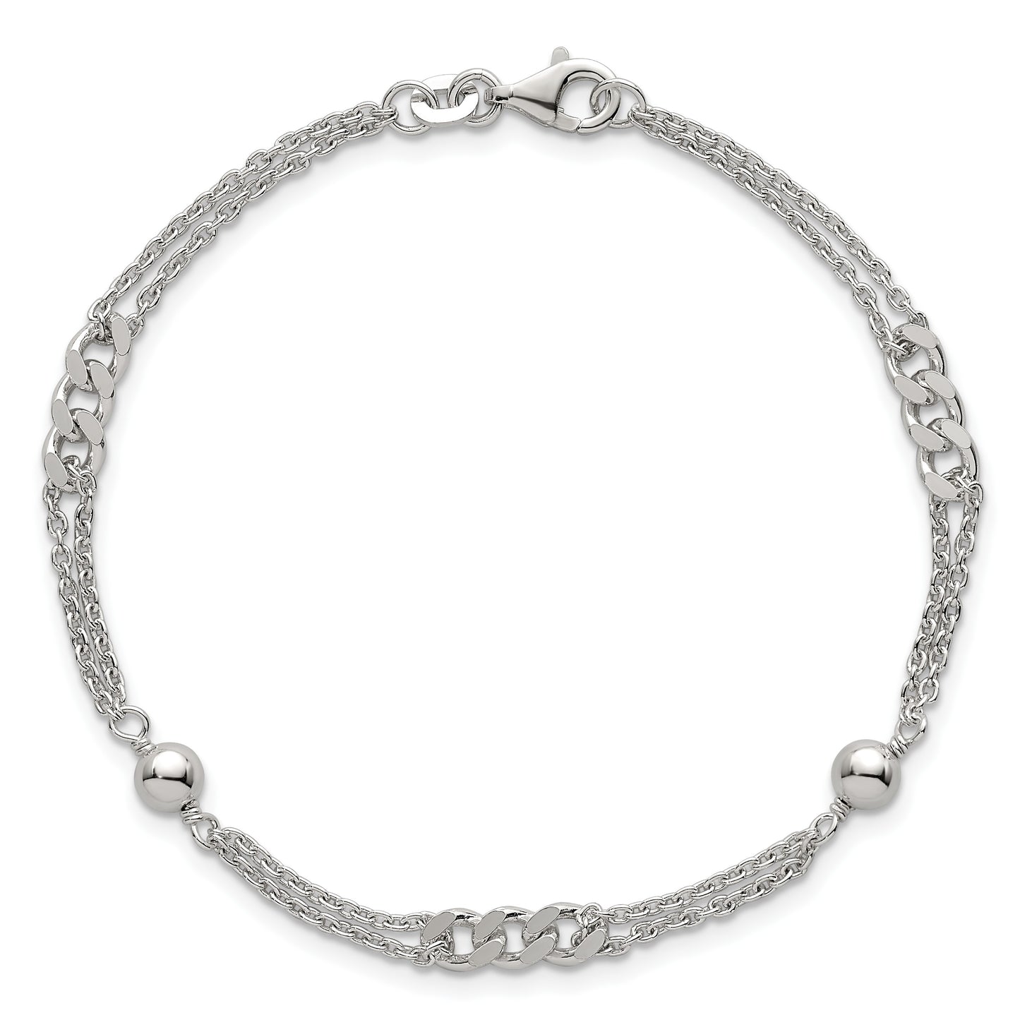 Sterling Silver Polished and Beaded Fancy Double-Strand Link 7.25 inch Bracelet