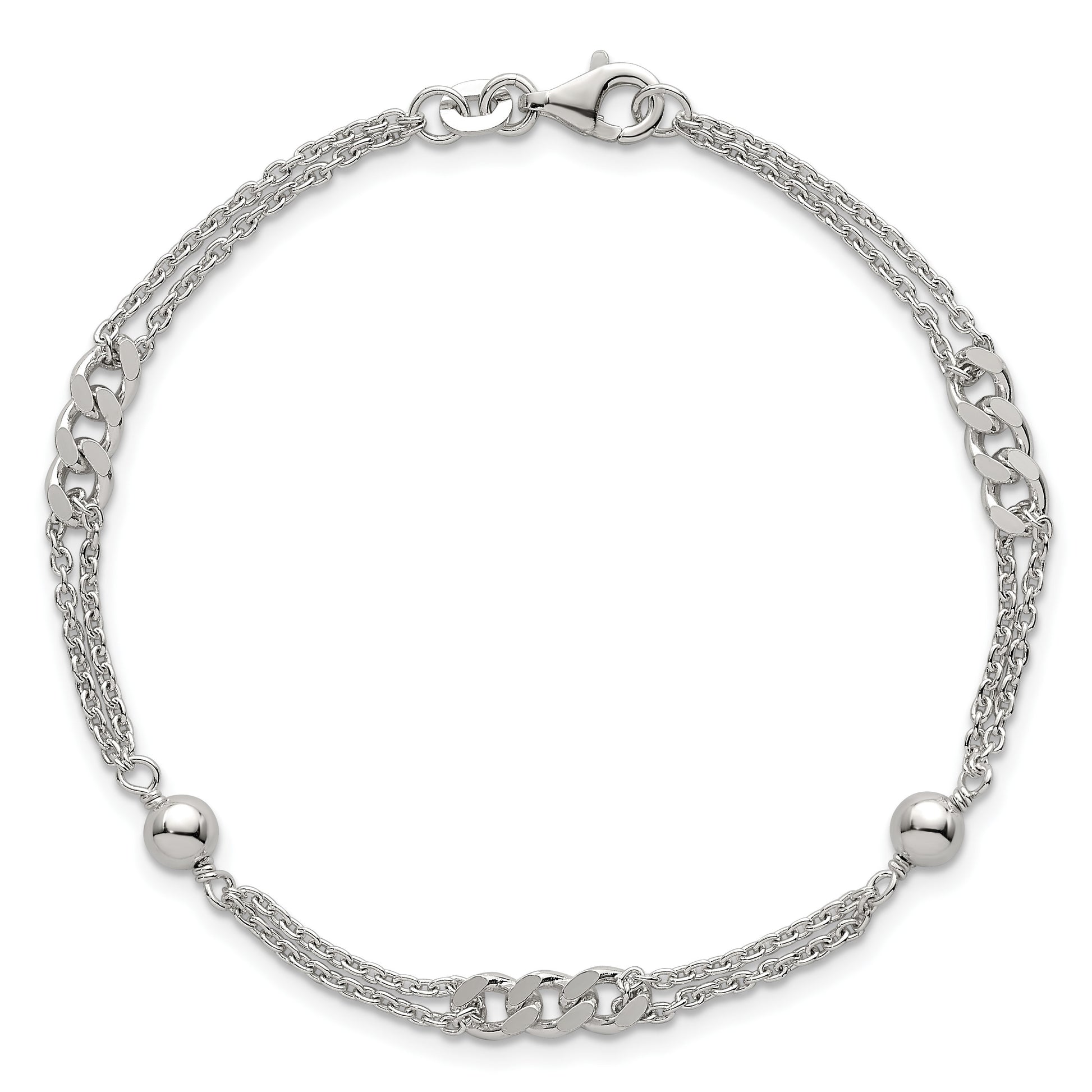 Sterling Silver Polished and Beaded Fancy Double-Strand Link 7.25 inch Bracelet