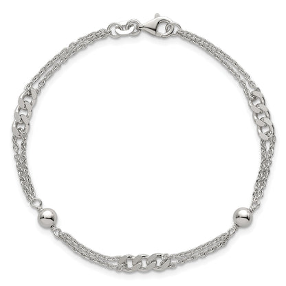 Sterling Silver Polished and Beaded Fancy Double-Strand Link 7.25 inch Bracelet
