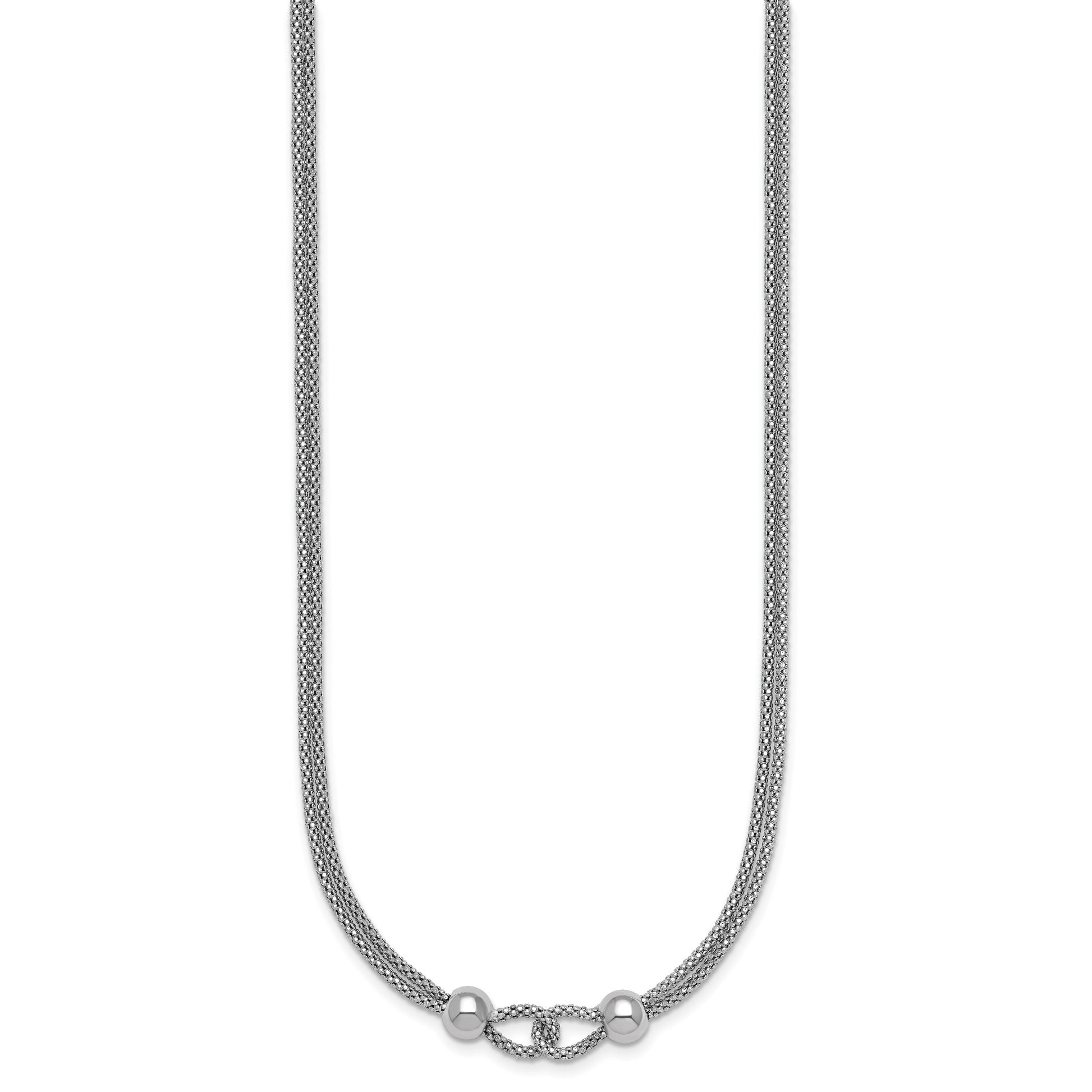 Sterling Silver Rhodium-plated Polished Beads Double Strand Mesh 16 inch with 2 inch Extender Necklace